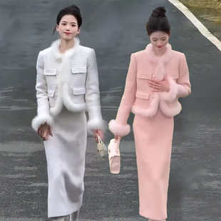 洋气毛边外套半身裙 时尚 减龄甜美夹棉保暖小香风套装 女2025冬新款