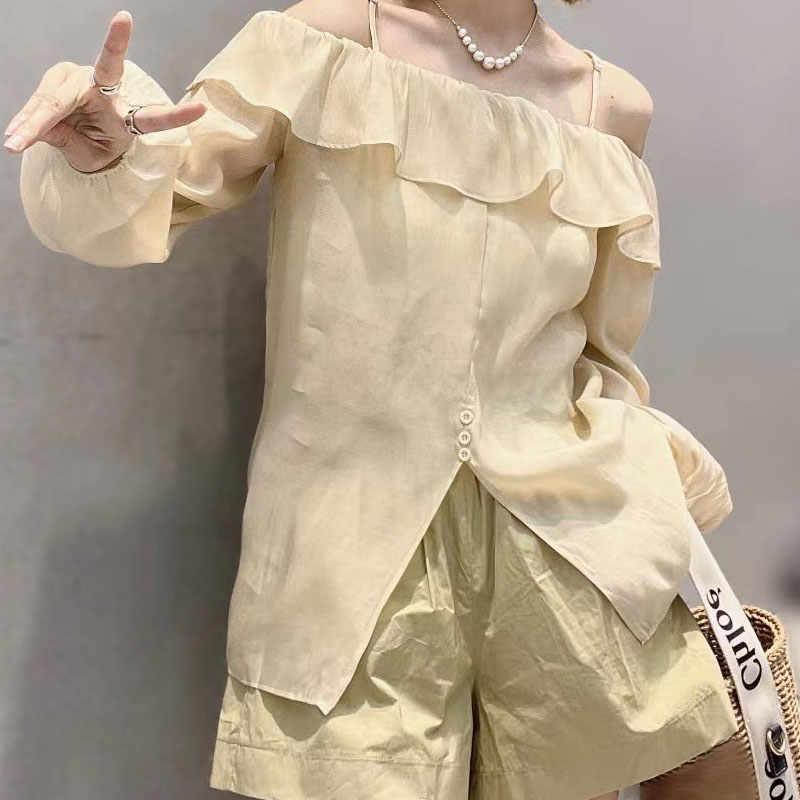 欧洲站2025夏新款纯欲风漏肩开叉天丝衬衫女气质韩系防晒衫上衣潮