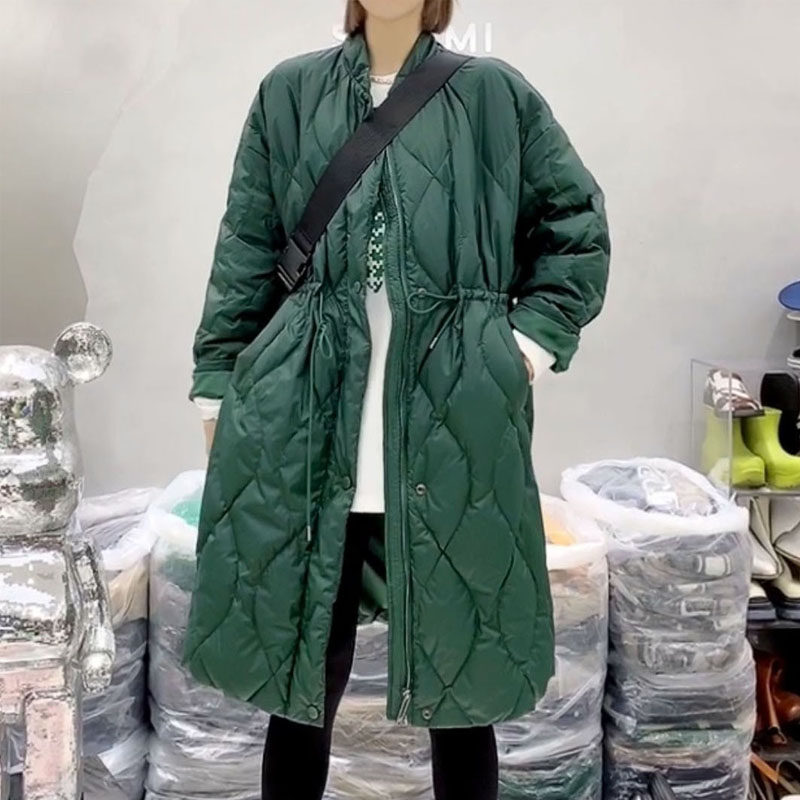 欧洲站2025冬季新款韩版纯色中长款立领宽松保暖收腰羽绒服女外套