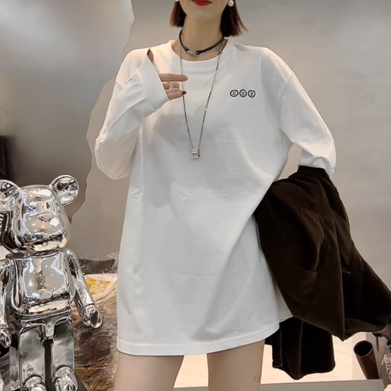 欧洲站2025秋冬新韩版中长款笑脸圆领大版加绒T恤女宽松打底上衣