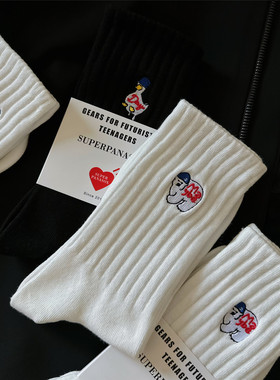 高端男士袜子韩国卡通刺绣纯色棉质中筒袜白色长袜棒球风格运动袜