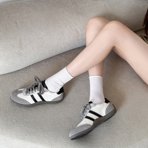 真皮复古赛车鞋女2025秋季新款平底百搭德训鞋运动休闲鞋小白鞋