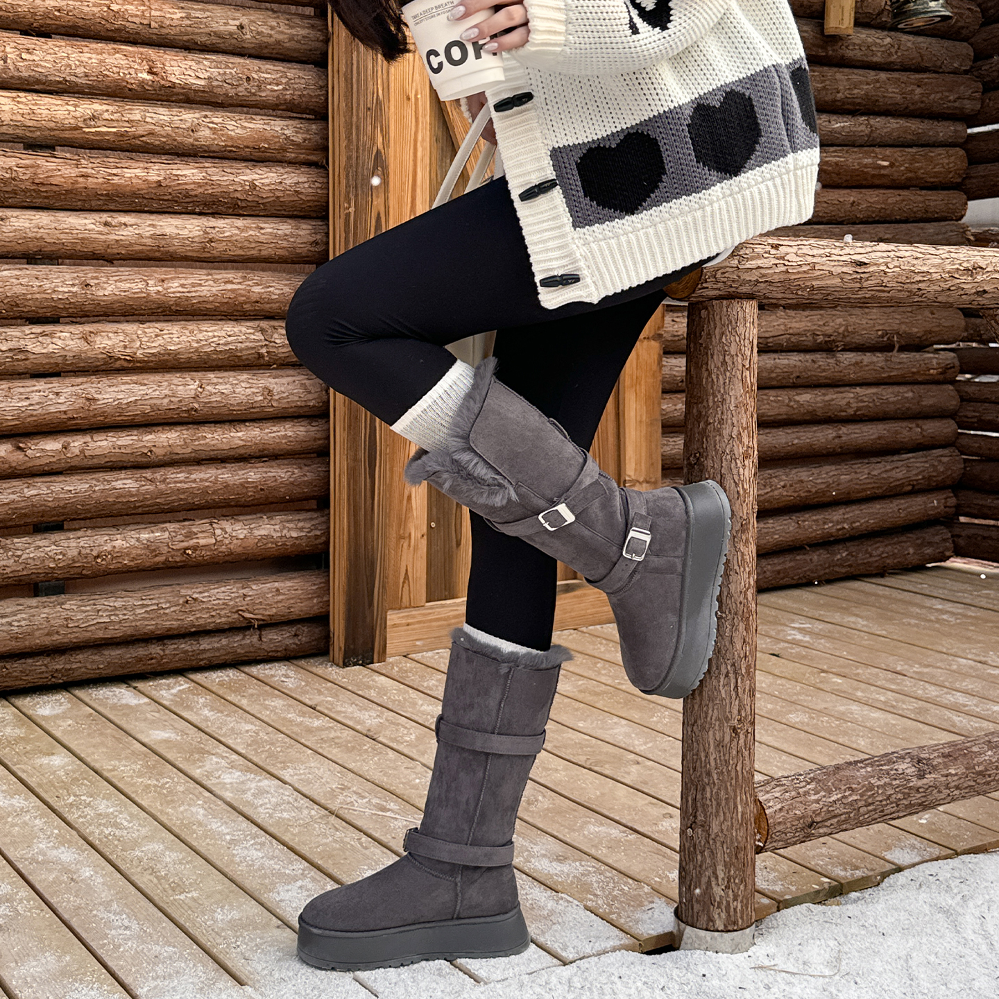 灰色厚底毛毛雪地靴女2025冬季新款两穿加绒加厚长筒靴保暖棉鞋