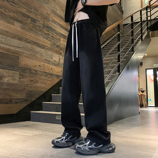 秋冬黑色牛松紧腰仔裤直筒宽松休闲长裤子195高个子加长版男裤120
