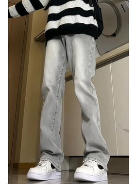 弹力面料美式软牛仔裤小直筒灰色长裤子195高个子加长男裤120CM