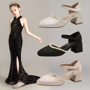 春秋女童汉服鞋中大童女孩演出鞋子配礼服走秀高跟单鞋儿童公主鞋