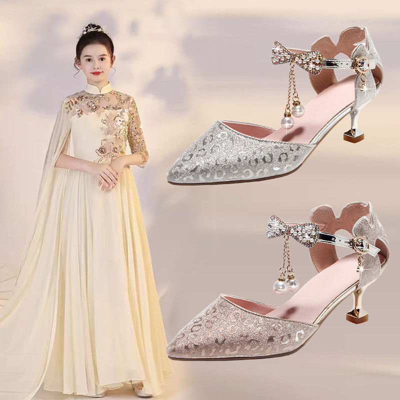 水晶鞋女儿童高跟鞋演出皮鞋钢琴演出单鞋走秀礼服鞋子女童公主鞋