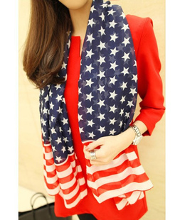 欧美时尚新款五角星星条纹旗春秋冬女气质百搭雪纺跳舞丝巾围巾