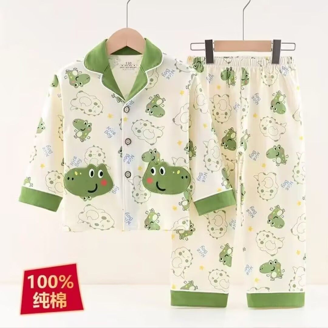 纯棉卡通睡衣儿童春秋童装韩系长袖翻领开衫家居服套装男女通用