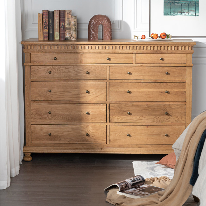 出口美式轻奢复古乡村风橡木多斗柜法式实木储物柜玄关柜网红家具