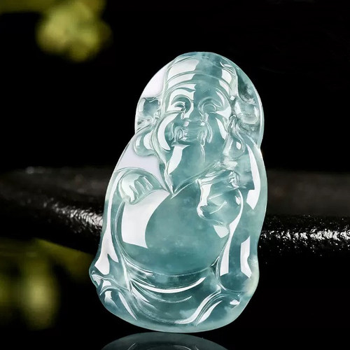 天然翡翠A货蓝水冰底小财神吊坠
