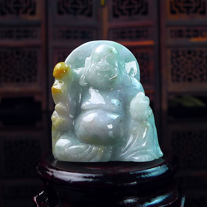缅甸天然翡翠A货观音佛龙牌如意 飘黄翡翠弥勒佛小摆件 笑口常开