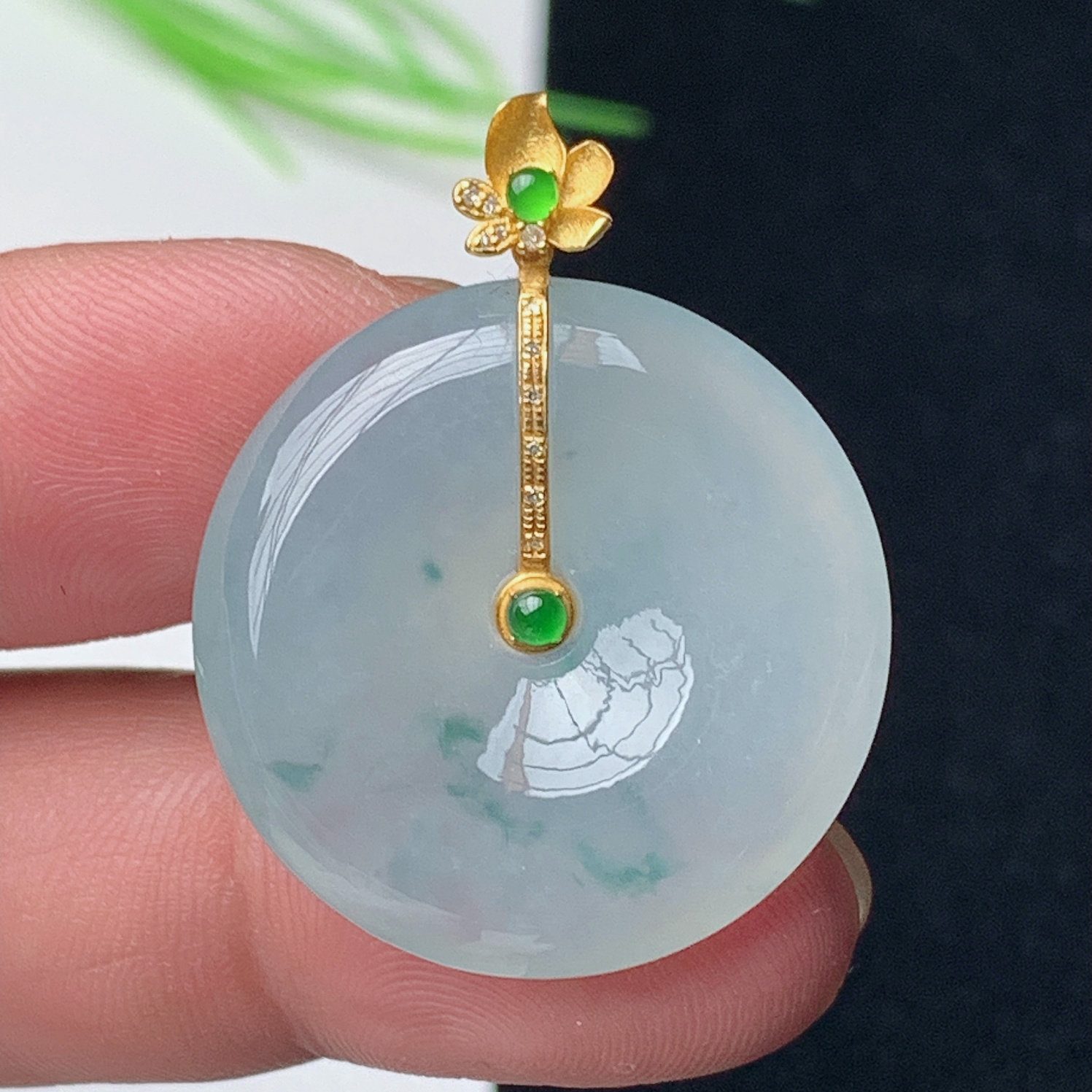 缅甸翡翠天然A货平安扣玉石 正品飘蓝花翡翠平安扣吊坠 18k金扣头