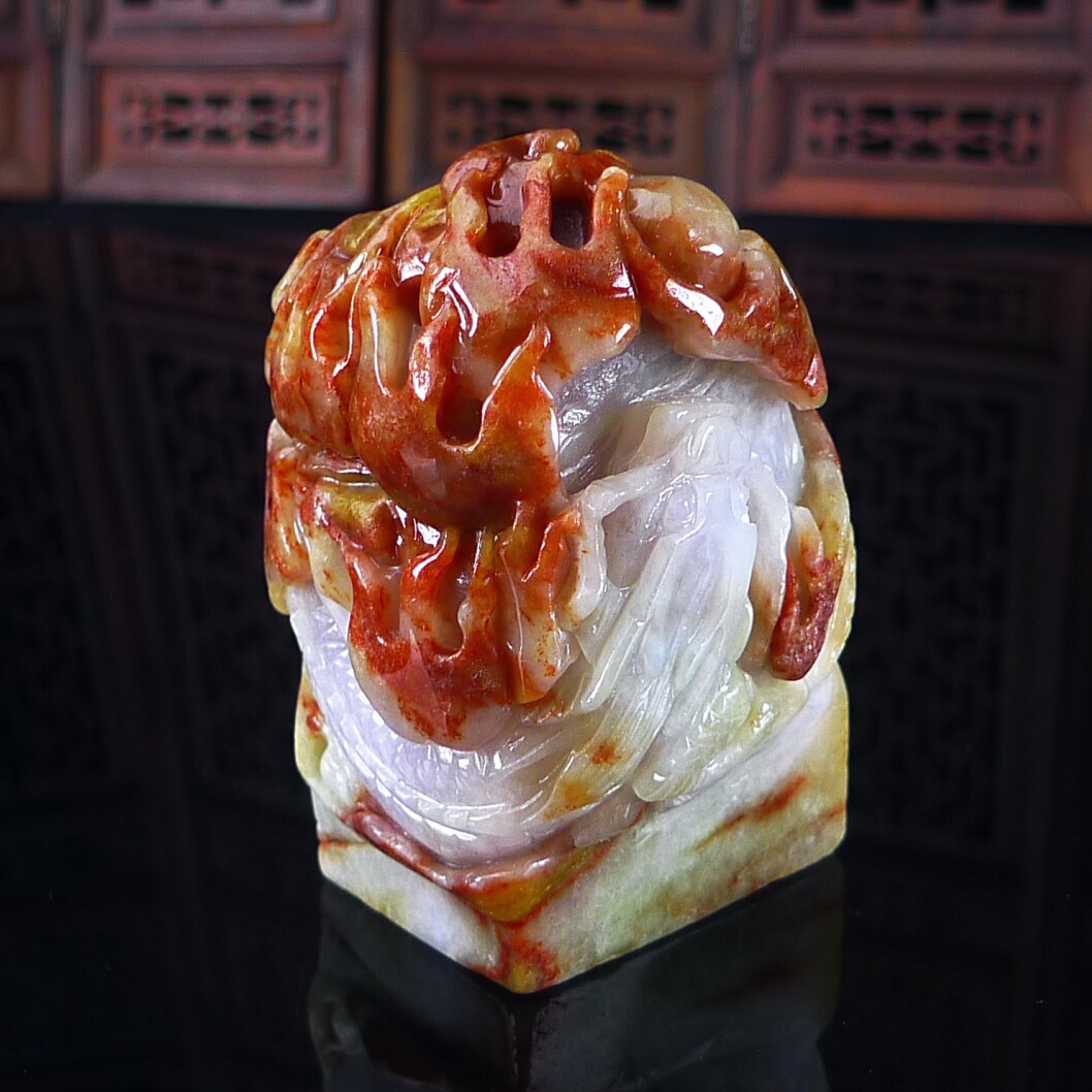 缅甸翡翠篆刻印章玉石双龙印章
