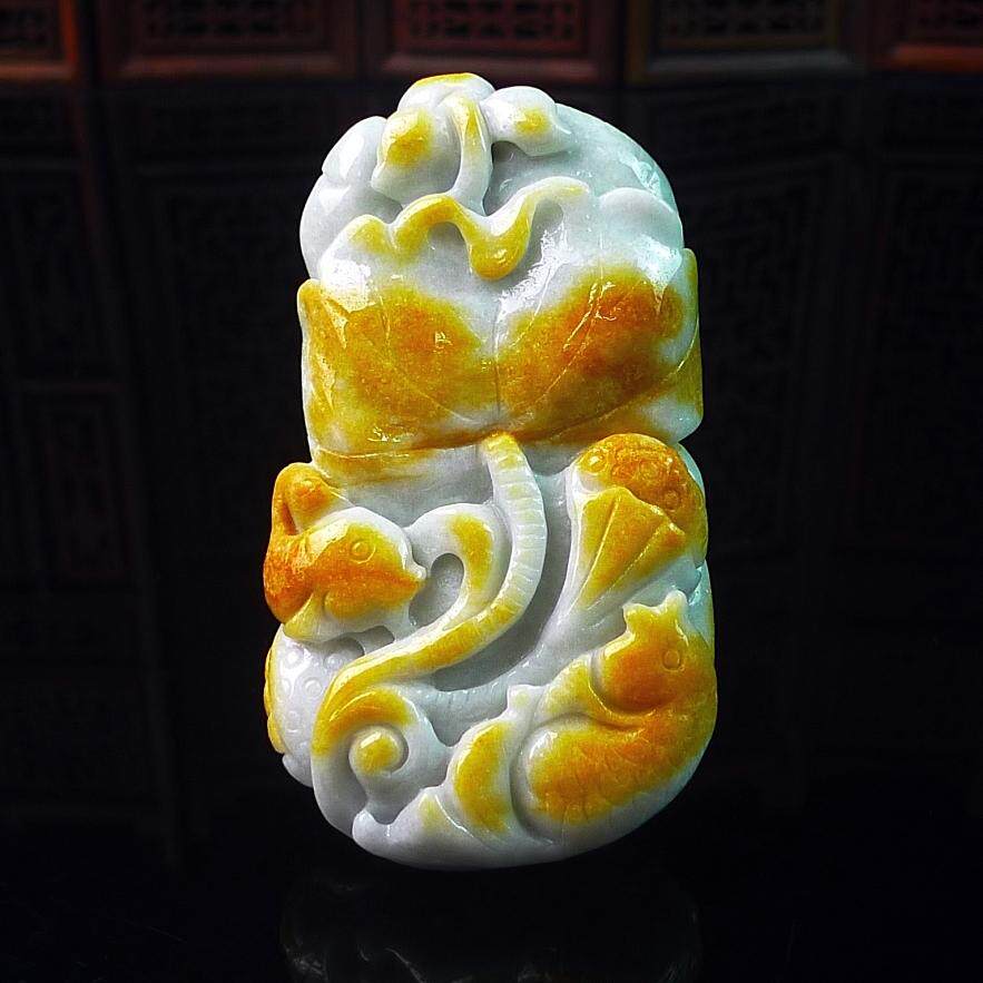 缅甸翡翠黄翡玉石年年有余荷叶鱼