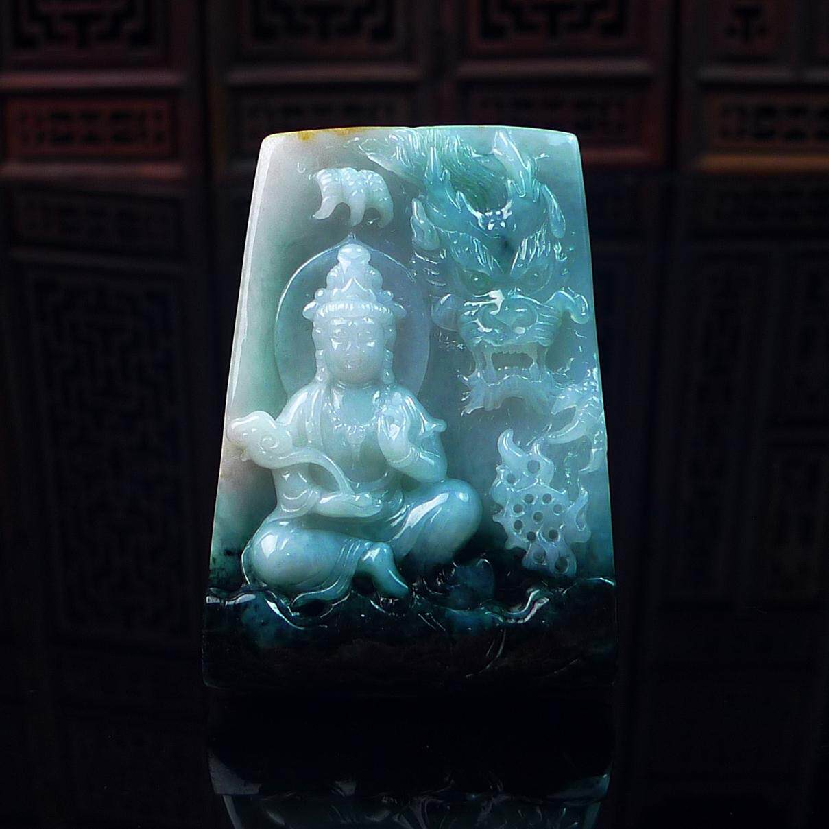 天然翡翠缅甸乌鸡乘龙观音玉石