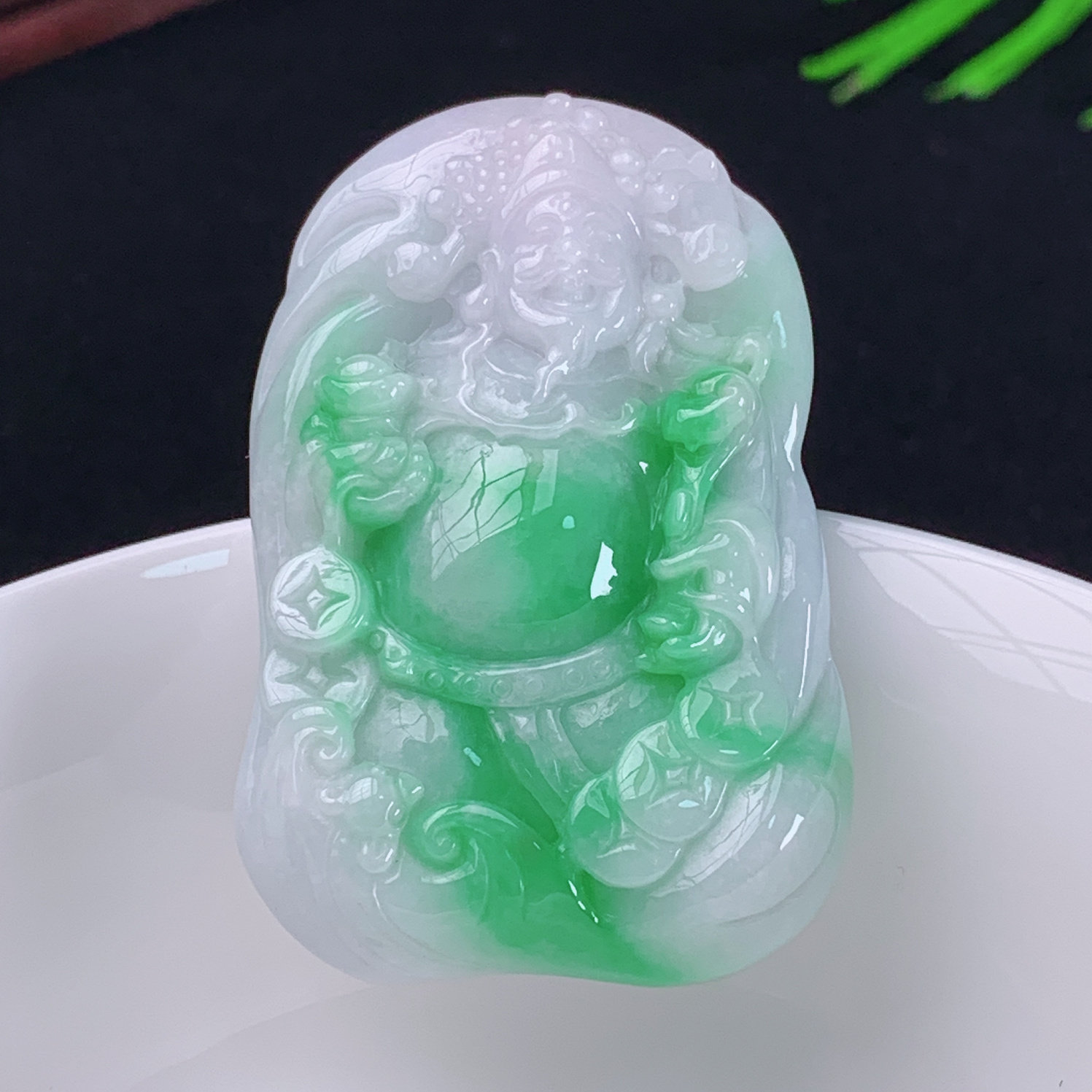 老坑天然A货翡翠绿色财神爷吊坠
