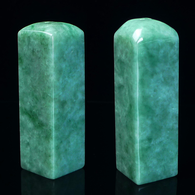 缅甸天然A货翡翠正方形印章满绿翡翠素面印章玉石素章一对