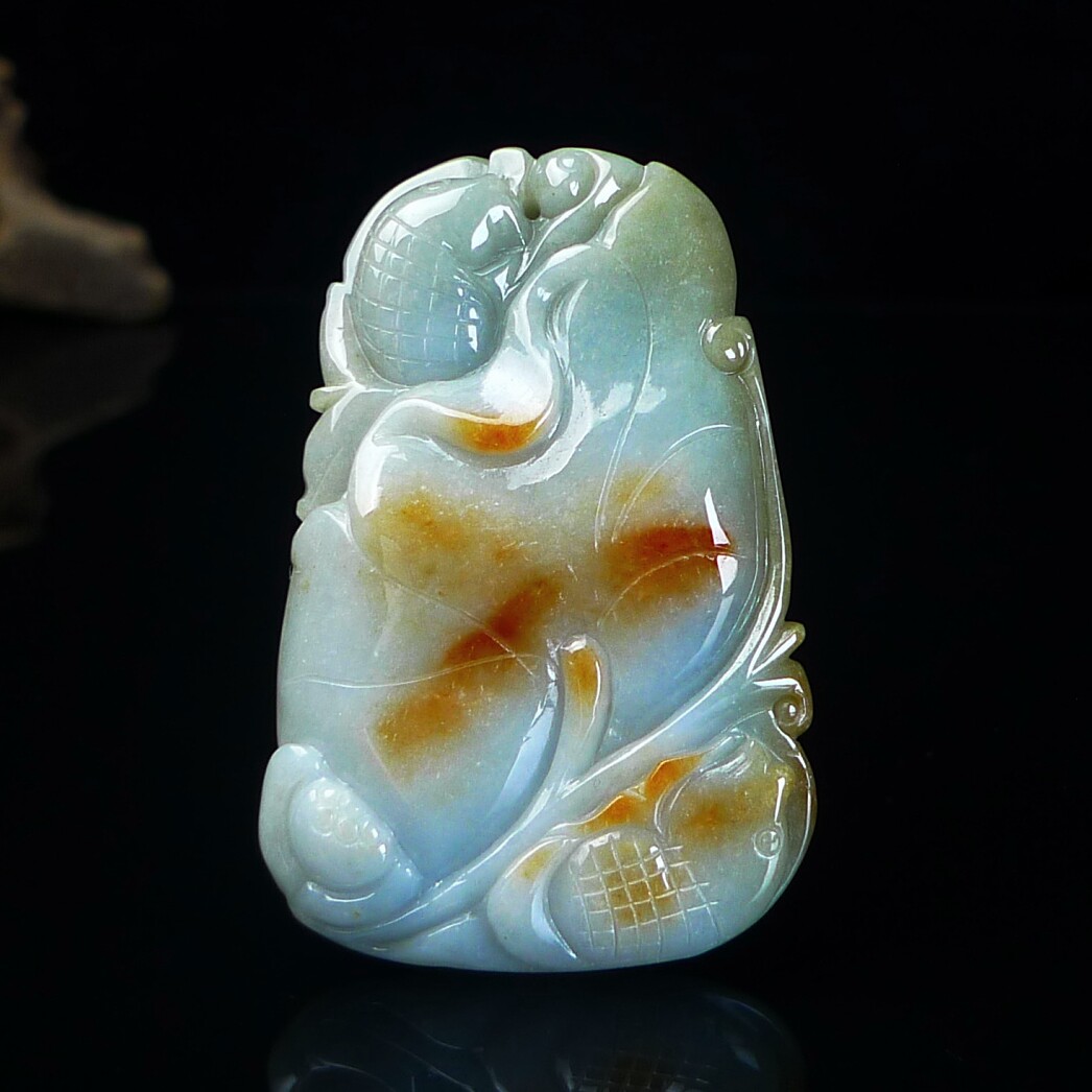 缅甸翡翠A货红翡玉石荷叶鱼挂件