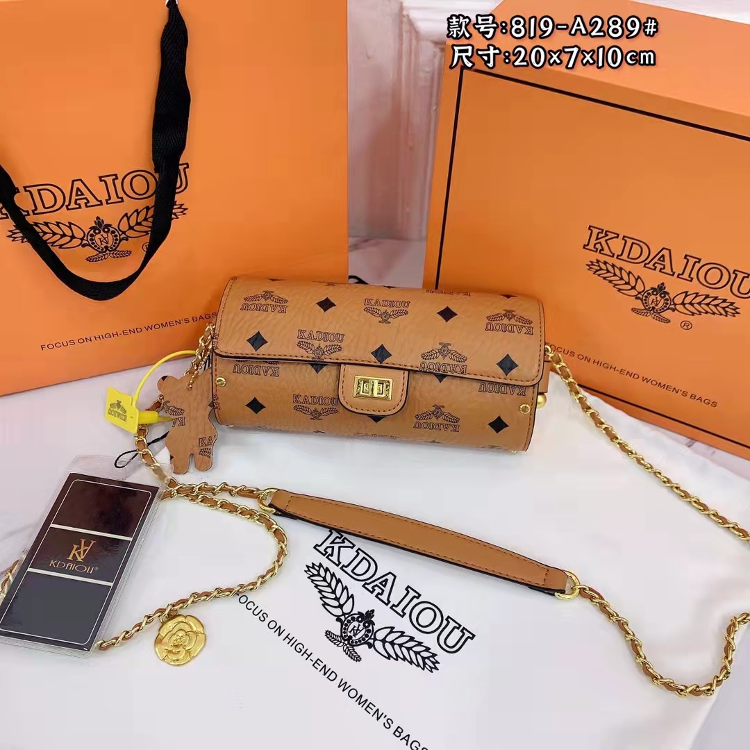 KADIOU/凯狄欧 驴家枕头包包女老花圆筒包真皮拼色水桶包印花链条