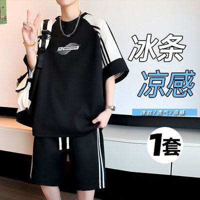2025新款男童冰丝速干短袖t恤大童男装运动服胖男孩宽松夏季套装