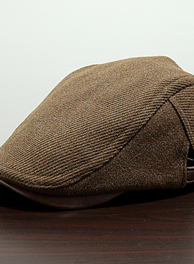 挺括版条纹呢料贝雷帽男女秋冬季休闲鸭舌帽英伦复古咖啡色前进帽