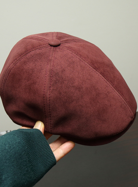 安可拉红复古麂皮绒贝雷帽女秋冬大头围百搭鸭舌帽显脸小前进帽子