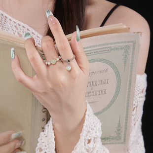 墨尔原创 串珠新中式戒指女小众设计可调节绿色玉石指环叠戴组合