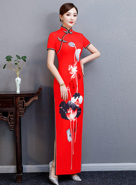 旗袍秀走秀演出服加长款优雅显瘦特大码年轻款妈妈红色改良旗袍裙