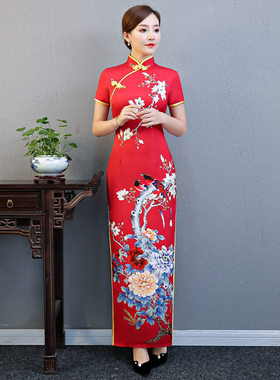 批发旗袍走秀新款女改良端庄大气红色传统长款妈妈装走秀礼服