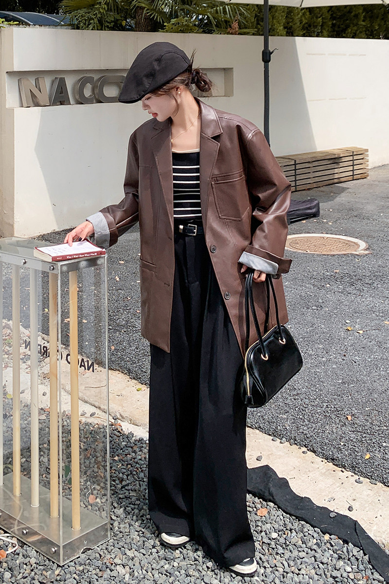 美拉德棕咖色西装皮衣外套女春秋2025新款高级感中长款PU皮夹克,女装皮衣,2B235