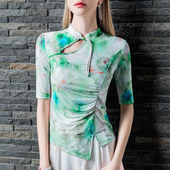 新中式 盘扣水墨印花舞蹈上衣女春夏旗袍现代舞古典舞跳舞T恤国风