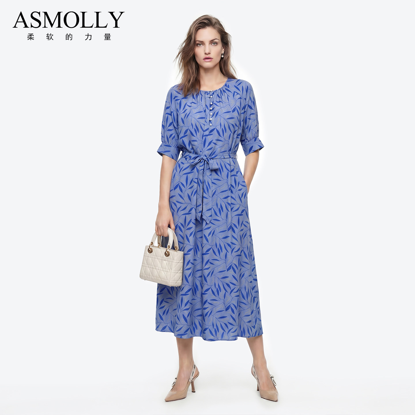 Asmolly桑蚕丝印花真丝连衣裙