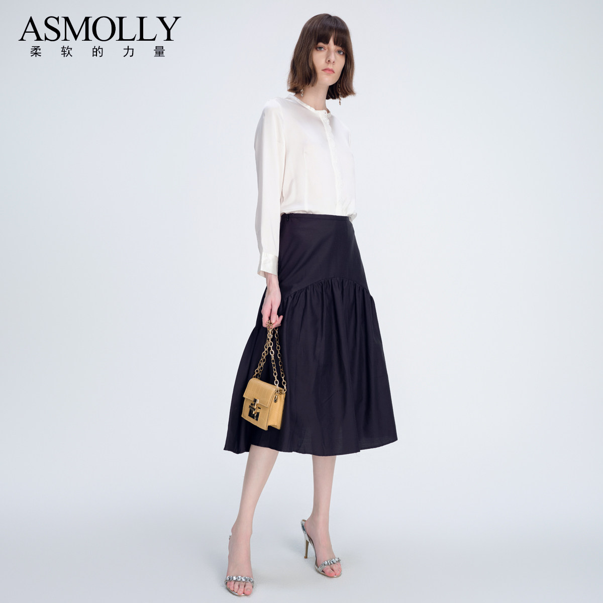 Asmolly夏季气质OL小黑裙黑色a字裙真丝加棉半身裙丝棉中长裙
