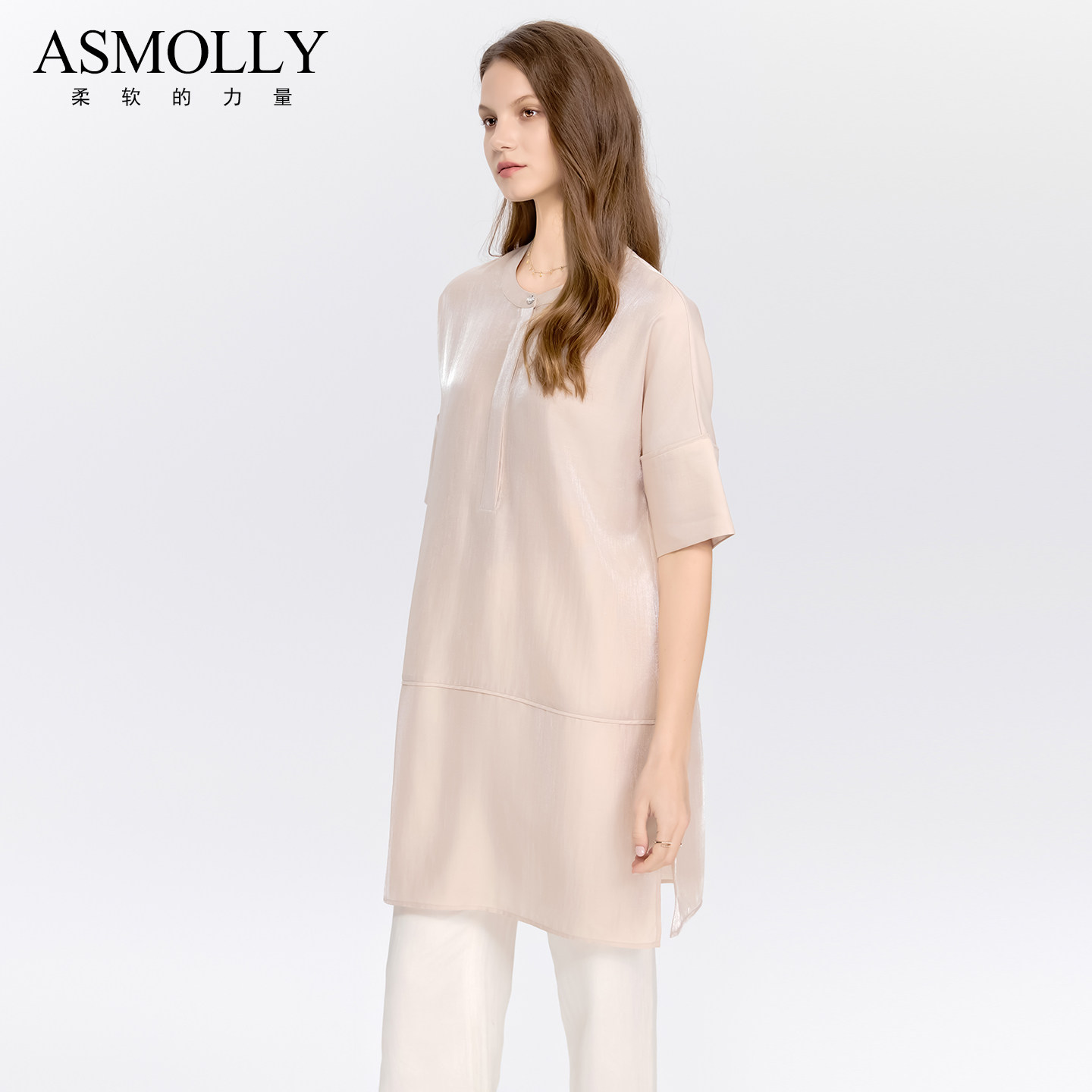 Asmolly气质简约衬衣长款上衣透气舒适衬衫女浅色上衣夏