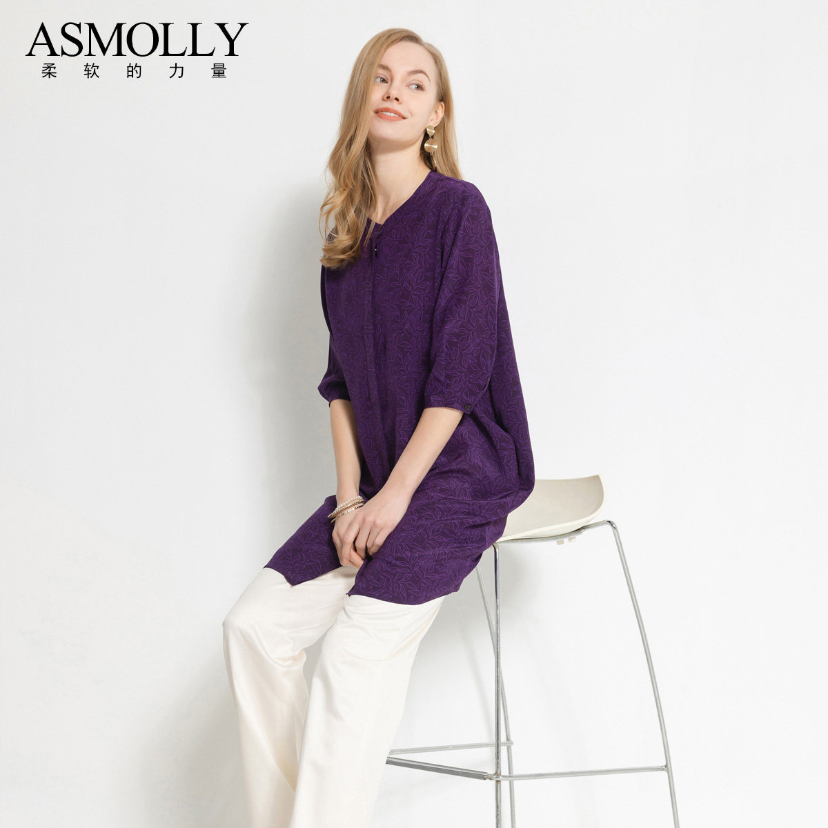Asmolly中袖桑蚕丝真丝衬衫衬衣