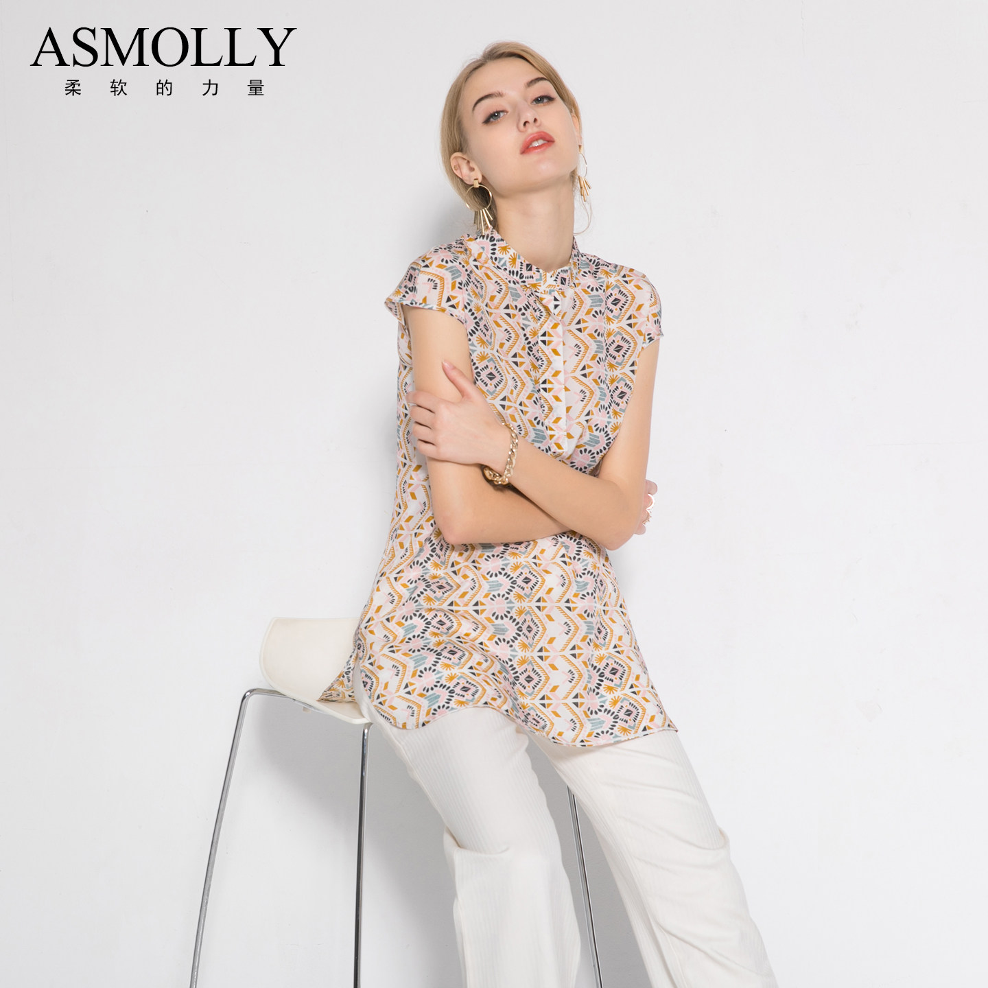 Asmolly夏气质凉快真丝衬衫