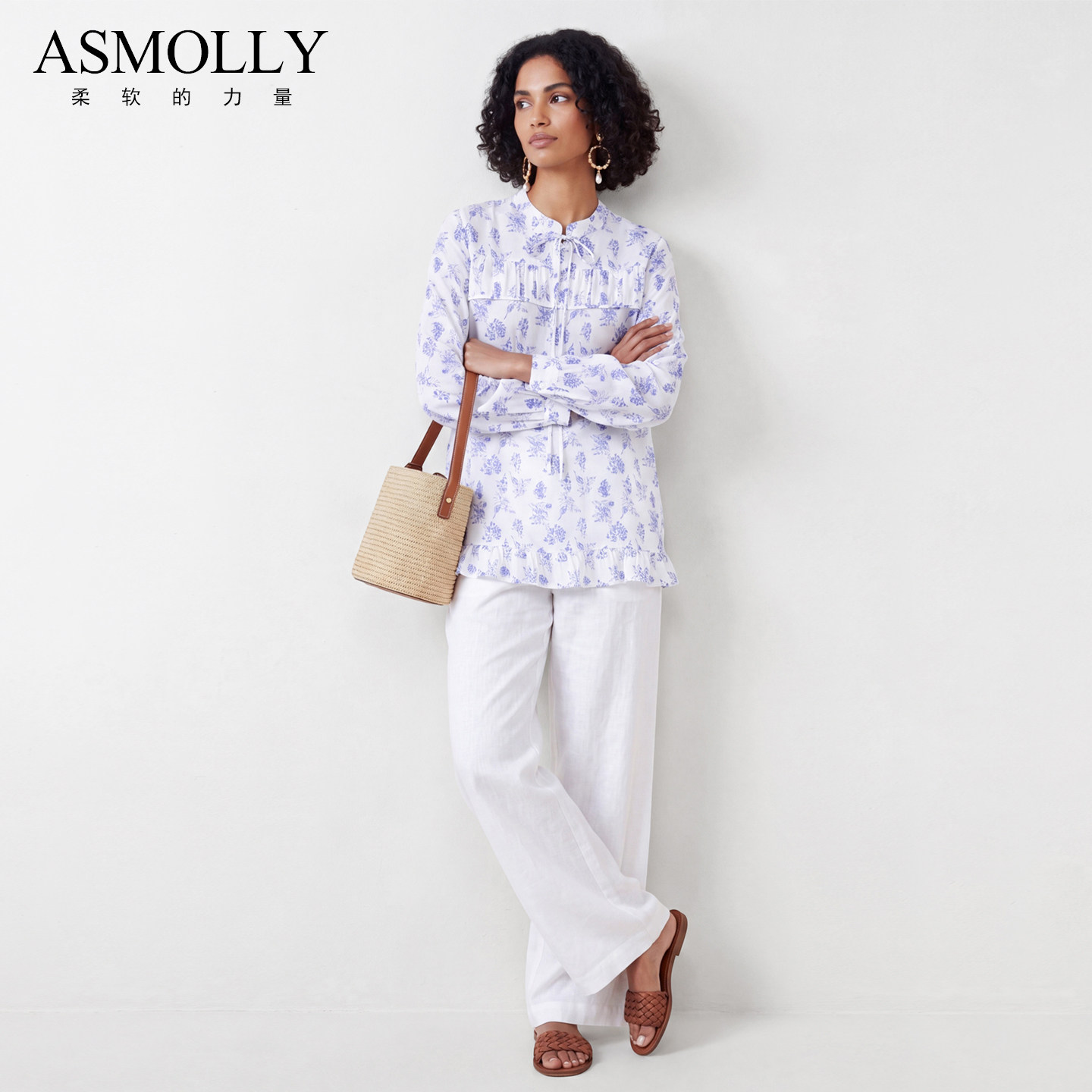 Asmolly春夏真丝印花碎花衬衫