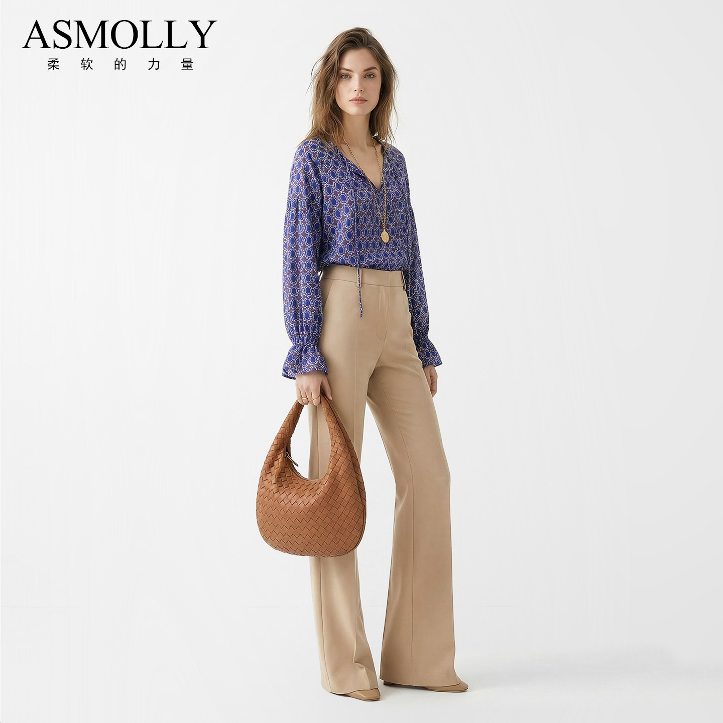 Asmolly100%桑蚕丝印花真丝衬衫