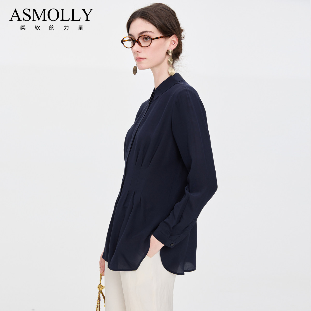 asmolly春装真丝衬衫修身中长款