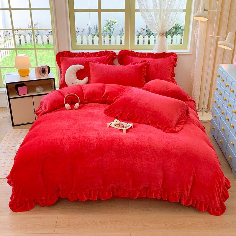 牛奶绒四件套2025新款冬季轻奢高级感红色结婚加厚花边床单防静电,床上用品,婚庆床品套件,淘宝优惠券,粉丝福利购,淘宝优惠卷