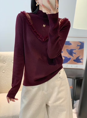 井美2025秋季新款韩版设计感小众蕾丝拼接半高领洋气小衫长袖针织