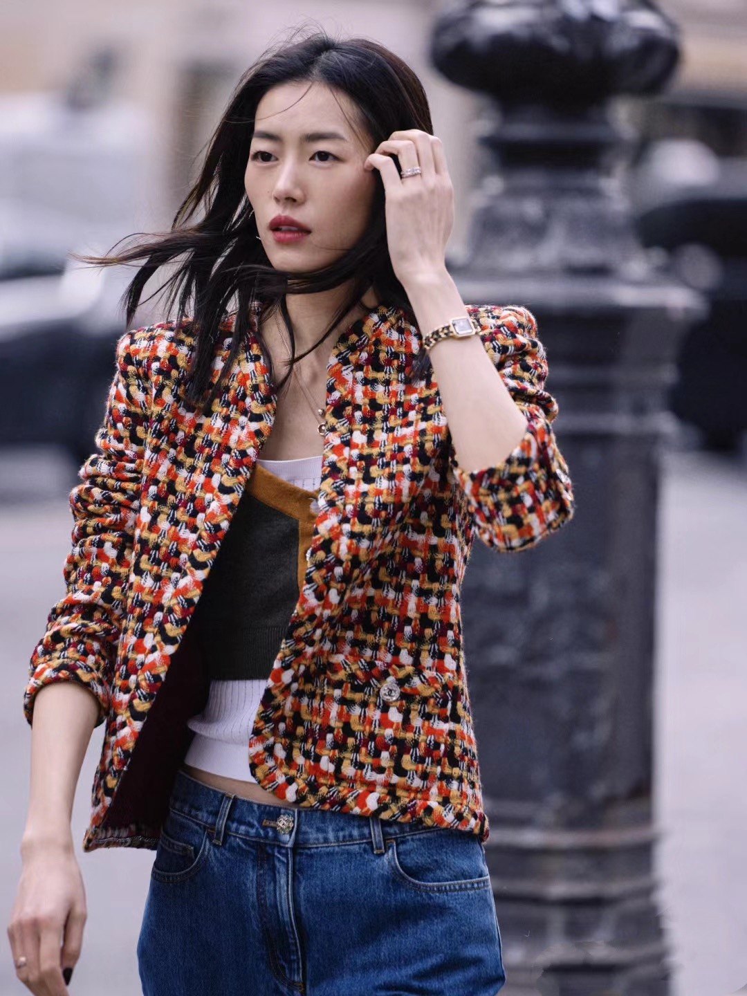 WAN·W工作室 手缝刘雯同款橘色彩纱编织花呢小香外套女显白名媛