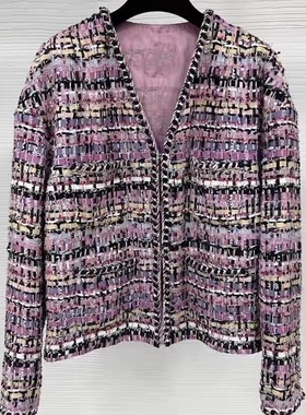 WAN.W工作室 小香风粗花呢粉色格纹名媛外套女刘雯同款开衫