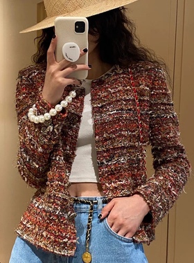 WAN.W工作室 手工定制迷雾森林枫叶红小香外套女粗花呢经典中古款