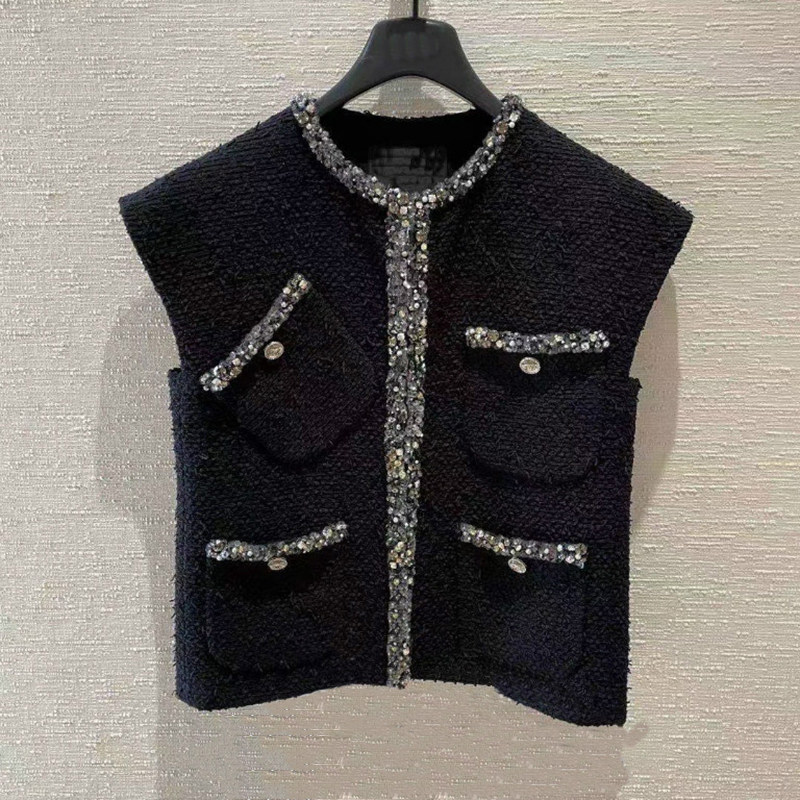 WAN.W 工作室 高定版黑色奢华手工钉珠花呢无袖小香风马甲