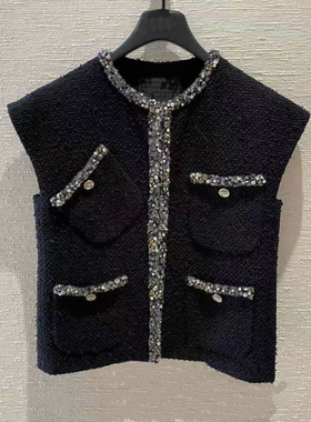 WAN.W 工作室 高定版黑色奢华手工钉珠花呢无袖小香风马甲