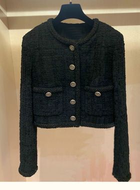 WAN.W工作室 手工定制经典秋冬黑色羊毛手工编织小香风外套短款女