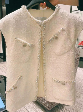 WAN.W工作室 高定奢华手工钉珠花呢无袖小香风白色马甲女Y0028