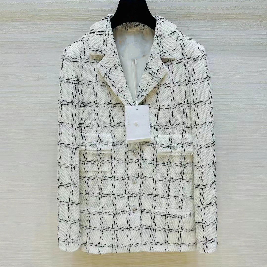 WAN&middot;W工作室 手工高订高级静奢风黑白格纹西装中长款小香风外套